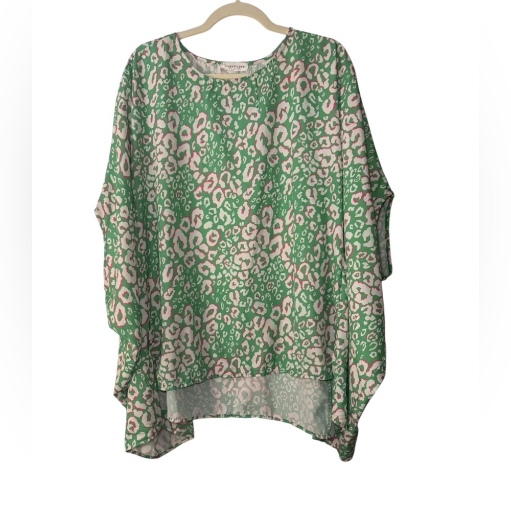 First Love Green and Pink Leopard Print Dolman Top